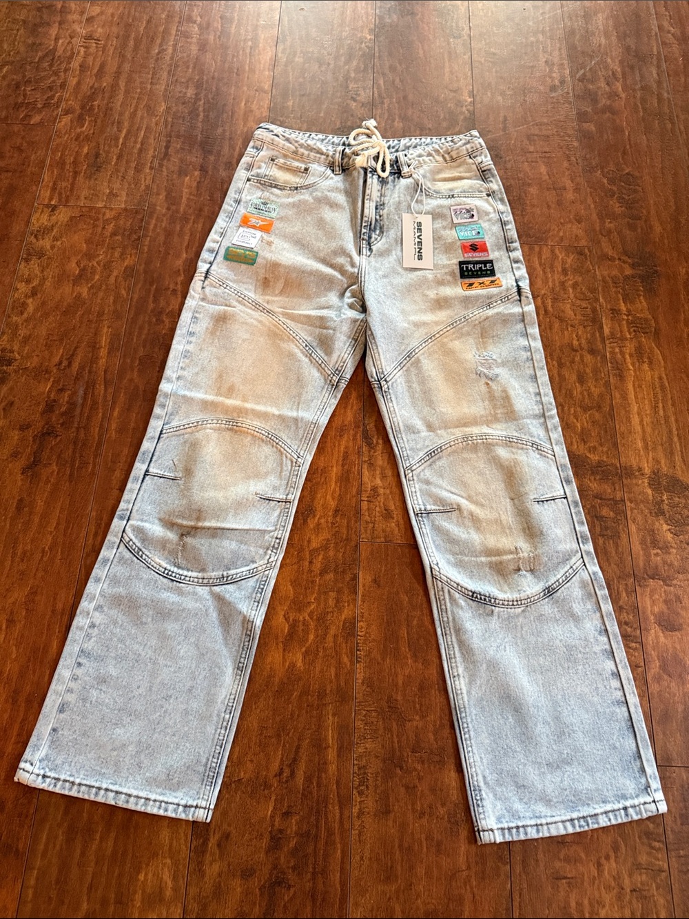 7 For All Mankind Light Blue Relaxed Jeans with Patch Accents